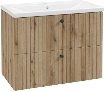 Lomadox Badezimmer Waschtisch Waschtischunterschrank mit Waschbecken 80 cm 2 Schubladen Eiche