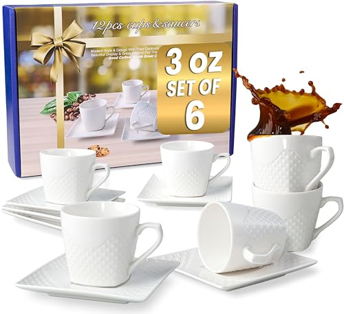 FUOCCI Italian Espresso Cups With Saucer - 3.5oz Ceramic Espresso Cups Set of 6;