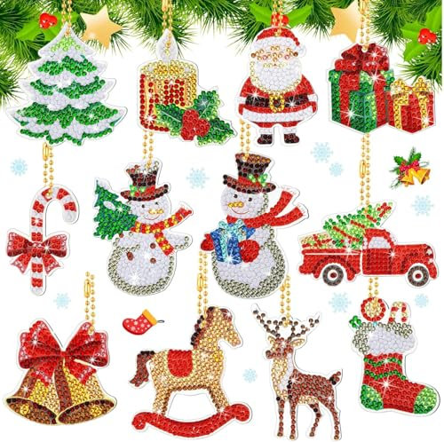 KAHEIGN 12Pcs 5D Christmas Diamond Painting Kits, 12Pcs Diamond Art Acrylic Plates with 12Pcs Key Chains, Point Drill Pen, Tray, Clay, 20 Colors Gems - DIY Diamond Keychain Christmas Hanging Ornament