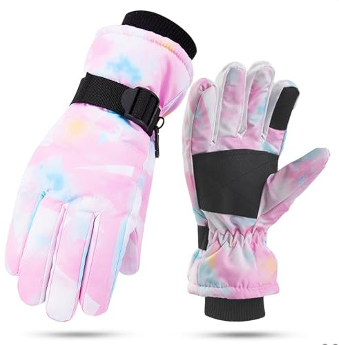 TYXHXTF Guanti da Sci per Bambini, Termici Impermeabile Antivento Invernali All'aperto Sport Guanti Caldo con Polsino a Coste Lavorato a Maglia, per Ragazze e Ragazzi di 5-9 Anni