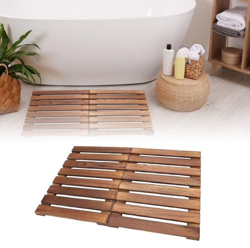 Badematte Holz, Faltbare Duschmatte rutschfest Badezimmermatte Bambusmatte Holzduschmatte Badewannenmatte Antirutschmatte für Dusche und Sauna 59 x 41,2 x 2,4 cm