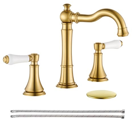 Roffenny Badezimmer-Wasserhahn, gebürsteter goldfarbener Griff, traditioneller Porzellangriff, 20,3 cm, breite Badezimmer-Armaturen für Waschbecken, 3 Löcher, 20,3 cm breiter Waschtischarmatur, mit 2