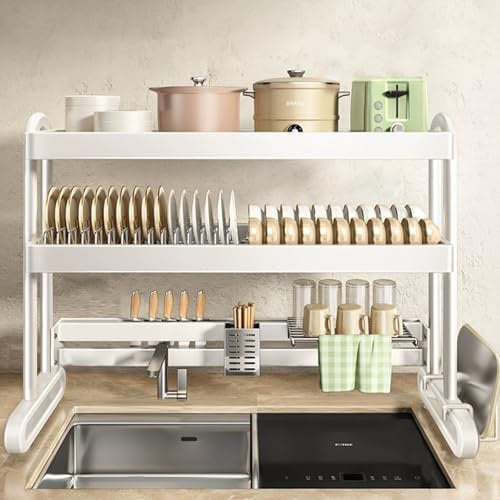 KHCY 2 Tier Dish Drainer Rack, Over Sink Dish Drainer Rack, Expandable Stainless Steel Kitchen Dish Rack with 4 Hooks for 22 Bowls & 16 Plates, White (34 L x 13 W 31 H)