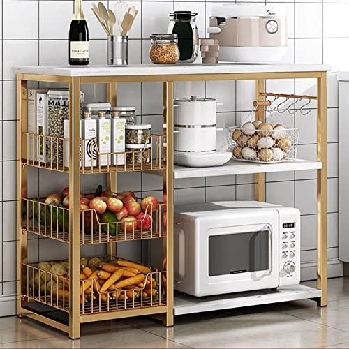 Organizador de cocina de metal con mesa de madera, soporte para microondas y estante de almacenamiento para isla de cocina, 80 cm