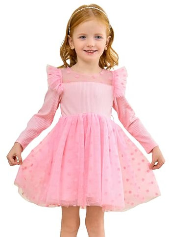 Miipat Fille Robe Tulle Manches Longues Robes Petite Filles Princesse Enfants Jupe à Points de Polka pour Fête Anniversaire Festival de Mariage (Rose 90 2-3 Ans)