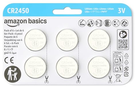 Amazon Basics Lot de 6 Piles Bouton CR2450 au Lithium, 3 Volts, Longue durée de Vie, sans Mercure, Emballage sans Danger pour Les Enfants (Utiliser des Ciseaux pour l’Ouvrir)