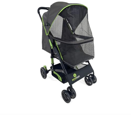 PETS TUFF 22” Buddy Buggies Foldable Pet Stroller - Shock Absorbing Frame with Storage - Machine Washable Fabric - Durable Mesh & UV Protected Retractable Canopy - Cat & Dog Stroller Up to 30lb