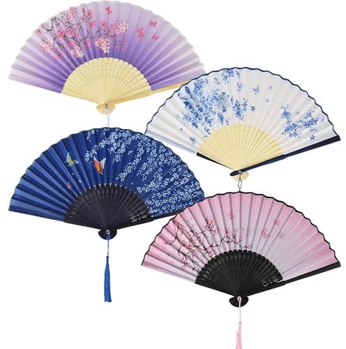 OdiuK Fächer Hochzeit 4 Stück Handfächer aus Holz Taschenfächer, Sommer Hochzeit Fecher mit Quaste, Zeremoniefächer für Geburttag Hochzeit Party Karneval Fotografie Wand Dekoration (Lila blau rosa)