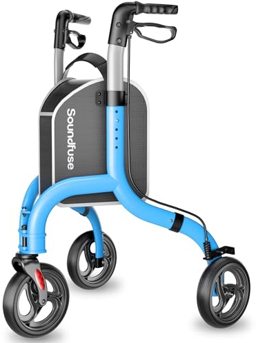 Soundfuse 3 Wheel Walkers for Seniors, Lightweight Foldable Aluminum Rollator Walker, Height Adjustable Three Wheel Walker, FSA HSA Eligible, Blue