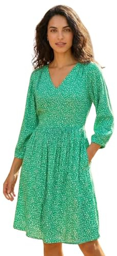 Roman Stretchy Dress for Women UK Ladies Pockets Gathered Waist Ruched Chest Midi Holiday Spring Summer V Neckline Evening Vacation Work Party Going Out Soft - Green Floral - Size 12