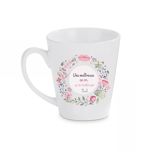 Mug conique “Une maîtresse en or” – Cadeau fin d’année scolaire personnalisé – Tasse 325 ml – Motif floral rose – Prénom enfant personnalisable