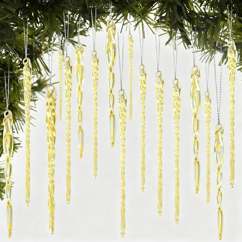 32 Pcs Icicle Ornaments for Christmas Tree Decorations, Gold Glass Christmas Ornaments for Tree, Decorative Crystal Icicles Hanging Ornaments for Xmas Frozen Winter Wonderland Wedding Party Decor