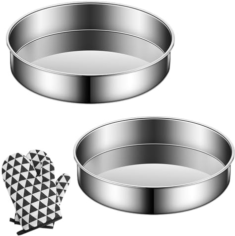 Set di 2 Tortiere in Acciaio Inox, Tortiera Rotonda 20 cm, Tortiera 22 cm, Teglia per Dolci Senza Manici, Teglia per Pizza, Facile da Pulire, Sicura e Resistente, con un Paio di Guanti da Forno