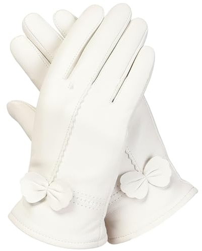 Gcroet Guanti in pelle da donna per l'inverno, vera pelle di pecora con fodera calda, guanti da guida e da abito di taglia media bianchi..