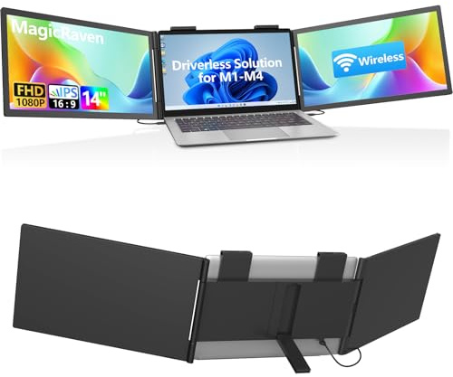 MAGICRAVEN Wireless Portable Monitor Dual, 14 USB C Monitor Extender FHD 1080P Dual Screen IPS, Portable Screen for Laptop 14-16.5, Dual Laptop Screen Extender for Windows/Mac/Phone/Game Console