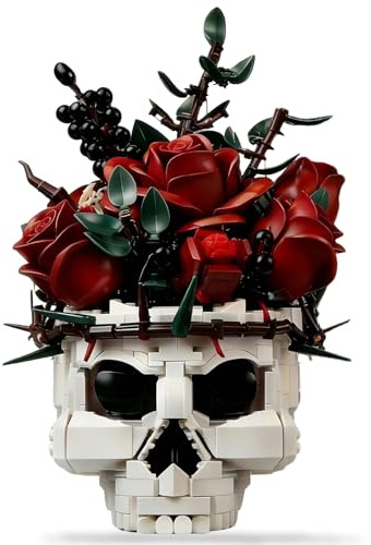 Goldlife Klemmbausteine Blumen – Rosen mit Totenkopf-Vase | Klemmbausteine Botanicals für Erwachsene, Gothic-Deko, Valentinstag, Geburtstag, Halloween, Weihnachten & Muttertag