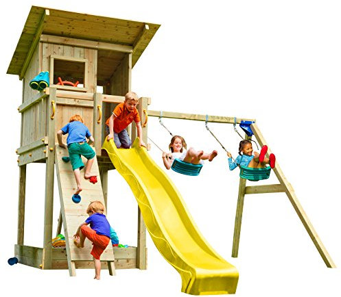 Blue Rabbit 2.0 Spielturm BEACH HUT mit Rutsche 2,30 m oder 2,90 m inkl. Wasseranschluss, Kletterwand mit Klettersteinen, Doppelschaukel - Kletterturm, Stelzenhaus