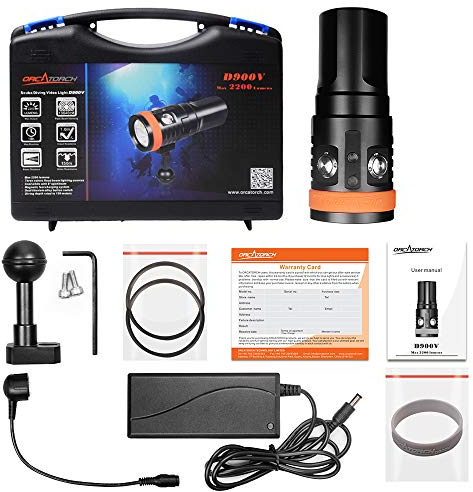 Orcatorch D900V 2200 Lumen 4-in-1 Diving Video Light, Neutral White, Red, UV, Cool White, 120° & 8° Beam, 150m Waterproof, Includes Batteries