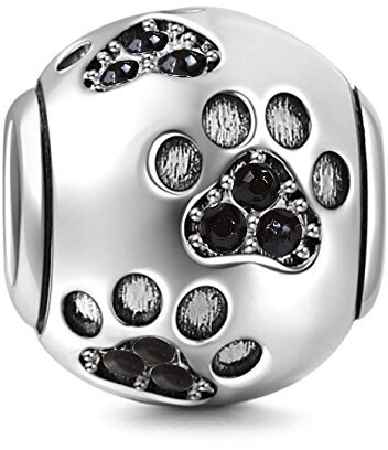 Anhänger mit Hundepfote, 925er Sterlingsilber, Fußabdruck, Tier-Charm, Geburtstags-Charm, Haustier-Anhänger für Pandora-Armband (Schwarz)