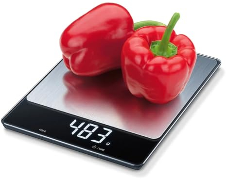 Beurer KS34 Balance de cuisine numérique – Balance précise pour onces et grammes de nourriture, capacité de 15 kg, plate-forme de pesée XL pour la préparation des repas, affichage magique, fonction