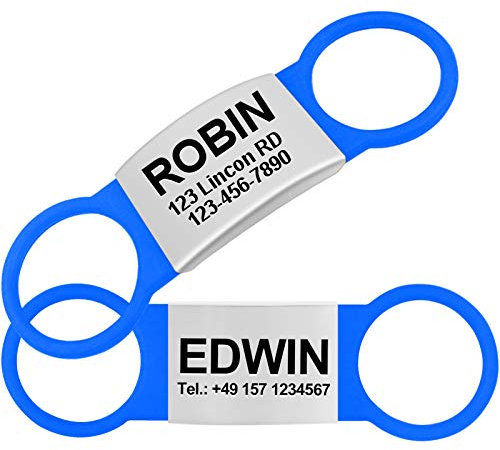 TagME 2 Paquete Etiquetas de Identificación de Acero Inoxidable Para Perros y Gatos/Placa de Identificación Silenciosa Grabada con Nombre y Número de Teléfono, Azul, M