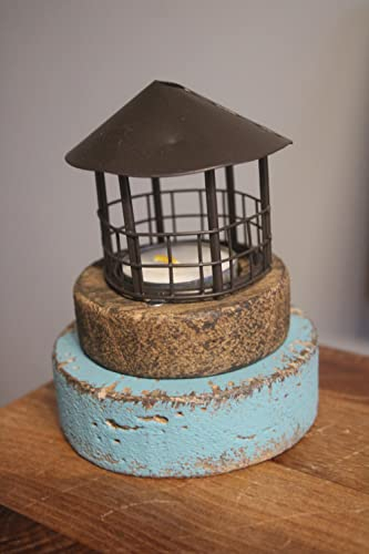 Teelichthalter Leuchtturmkopf, Maritime Deko, Windlicht H 12 cm, Holz/Metall