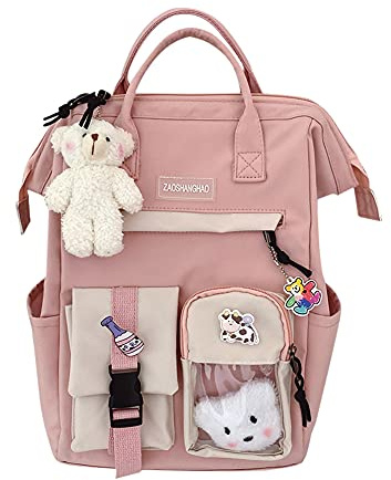 LYEAA Kawaii Rucksack mit Pins & Plüschtier-Anhänger, Frauen Mädchen adretter Stil PVC Patchwork Transparenter Rucksack Schultasche Große Kapazität Rucksack Handtaschen, Stil C, Pink