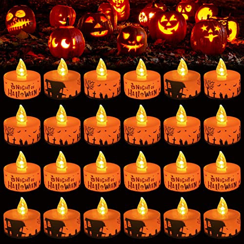 TOPJOWGA Halloween Kürbis Teelichter Kerzen, 24PCS Kürbis Kerzen Flammenlose, Halloween Kerzen Kürbis Lichter, LED Flammenlose Kerzen Batterie Dekoration für Halloween Party Weihnachten (24PCS)