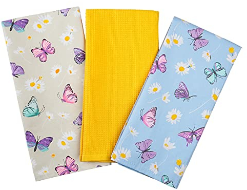 SiXsigma Sports Pack of 3 Tea Towels For Kitchen - Premium Cotton Decorative Kitchen Towel Linen for Cooking, BBQ, Baking & Dish Drying - Ideal For Women & Men (Butterfly Daisy)