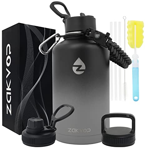 ZAKVOP Gourde Isotherme 2l, Bouteille Isotherme avec Pailles et 3 Couvercles, Gourde Inox avec Poignée en Paracorde, Gourde 2l Étanche Sans BPA