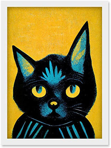 Wee Blue Coo Quirky Bold Black Cat Yellow Blue Artwork Framed Wall Art Print A4