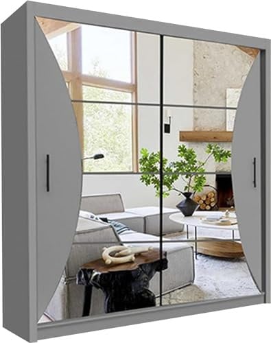 Modern Double Sliding Door Wardrobe 2 Mirrored Hanging Rails & Shelves Storage Cabinet for Bedroom (California Grey, 203cm)