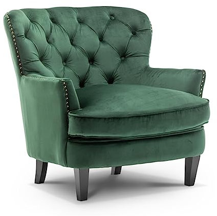 Stunning Chairs Modern Bottle Green Armchair for Living Room with Buttons - Green Velvet Chair for Living Room, Velvet Accent Chair for Bedroom, Armchair for Reading with Black Legs - AVA