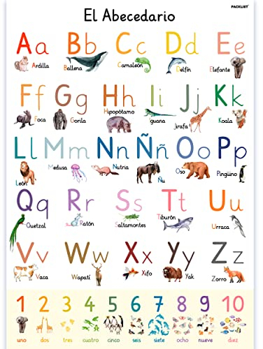PACKLIST Poster des Alphabets für Kinder auf Spanisch, Poster mit großen Buchstaben und lustigen Tieren für einfaches Lernen, perfekt zum Dekorieren von Kinderzimmern und Klassenzimmern