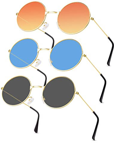3 Paar Rund Hippie Sonnenbrille, Hippie Kostüm Brille, Retro Partybrillen Kostümzubehör Accessoires für Karneval Party Foto Requisiten Damen Herren