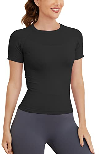 MathCat Workout-Shirts für Damen, Workout-Tops für Frauen, kurzärmelig, nahtlose Yoga-Shirts, atmungsaktive athletische Gym Tops, Schwarz, Mittel