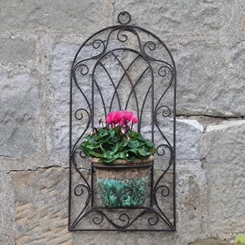 MAISONICA Garden Scroll Gothic Style Metal Single Plant Pot Holder - Wall Mounted Brown Distressed
