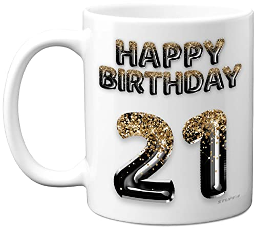 21st Birthday Gift for Men - Black Gold Glitter Balloons - Happy Birthday Mug Present for 21 Year Old Son Brother Grandson Cousin Friend, 11oz Ceramic Dishwasher Safe Coffee Mugs Cup