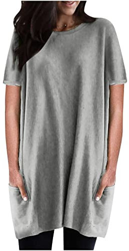 Womens Smock Tops Long Top to Wear with Leggings Round Neck Short Sleeve Tops Solid Color T-Shirt Longline Top Oversized Tees Summer Pocket Shirt Blouse Ladies Summer Pullover Size 14 Khaki XL
