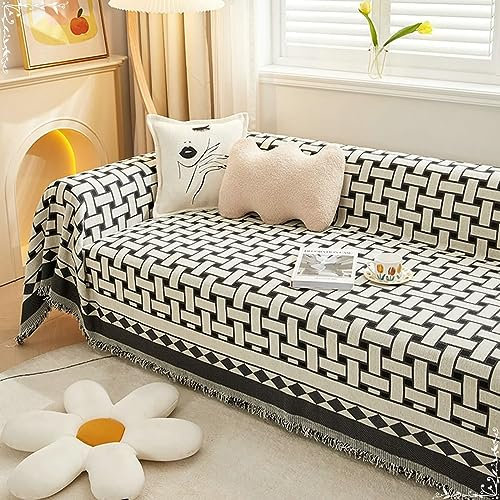 Homxi Sofahusse 1 Sitzer,180x150CM,Couch Überzug Universal Flechtmuster mit Quasten Sofa Überwurfdecke Chenille Sofa-Handtuch Schwarz Sofahusse Universal