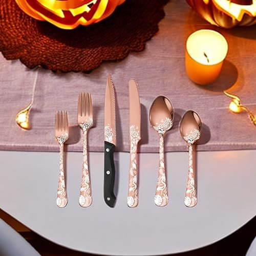 Steakmesser Set für 6 Personen Besteck Rose Gold 36-Teiliges Edelstahl Modernes Design Cutlery Set Besteck mit Steakmesser/Messer/Gabeln/Löffel/Teelöffel Spülmaschinenfest