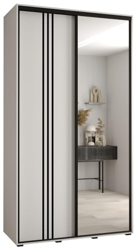 MEBLE KRYSPOL Davos 7 140 Schlafzimmerschrank mit Zwei Schiebetüren - Moderner Aufbewahrungsschrank mit Spiegel, Kleiderstange und Regalen - 235,2x140x45 cm - Weiß Weiß Schwarz