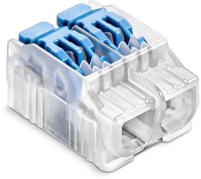 SIMET Verbindungs-Klemmen mit Hebel für Draht (0,2...4 mm²), 2- Leiter, Packung mit 40 Stück, Farbe transparent/blau, Schnellkupplung, zum Verbinden von elektrischen Leitern