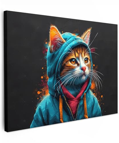 MuchoWow© Impression sur Toile Decoration Murale Peinture 80x60 cm Tableaux Decoratifs Muraux Décoration Chambre Graffiti - Chat - Noir - Manteau - Banksy