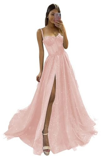 Robes de bal en tulle longues paillettes bretelles spaghetti robe de soirée chérie ligne A ligne formelle robes de bal avec fente, rose, L