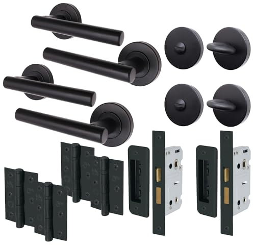 EAI Black Bathroom Door Handle Set - Pack of 2 | Round T-Bar Internal Door Handles, Thumb Turn & Release Set, Lock & Hinges (76mm) | Matt Black Oliena Range