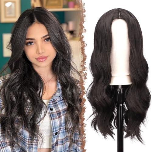 FESHFEN Lange Lockige Dunkelbraun Perücke, 60 cm Mittelscheitel Frauen Perücken Natürlich synthetische Perücken Damen Locken Wavy Wig für Party Täglich Long Wavy Wig