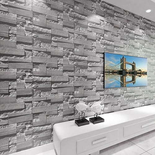 Homemari 0.53M * 9.5M Klebefolie Möbel Grau Stein Ziegel Tapete, Abziehen und Aufkleben Selbstklebende Tapete, Wandverkleidung aus Kunststoffplatten Vinyl Wrap Film für Küche Kamin Backsplash
