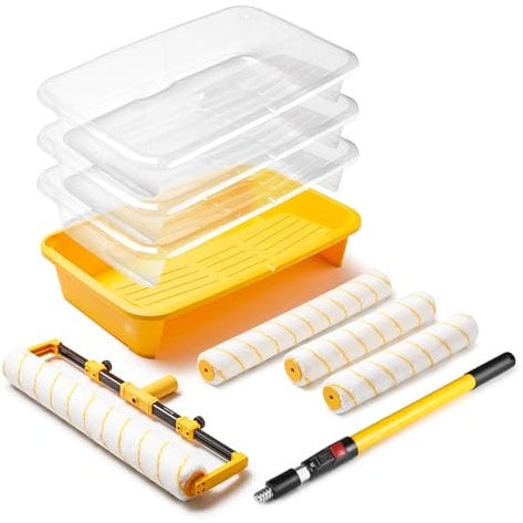 Voomey Kit de rodillos de pintura de 18 pulgadas, 10 bandejas de rodillo de pintura con forro, rodillo de pintura de microfibra de 12 pulgadas y 18 pulgadas, poste de extensión de pintura, adecuado