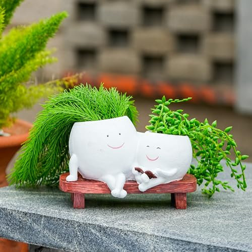 OLINLIFE Smily Face Planter Pot, Cute Parent-Child Reading Resin Head Planter for Indoor Outdoor Plants, Succulent Flower Pots with Drainage Hole, DIY Gift Decorative Novelty Planter